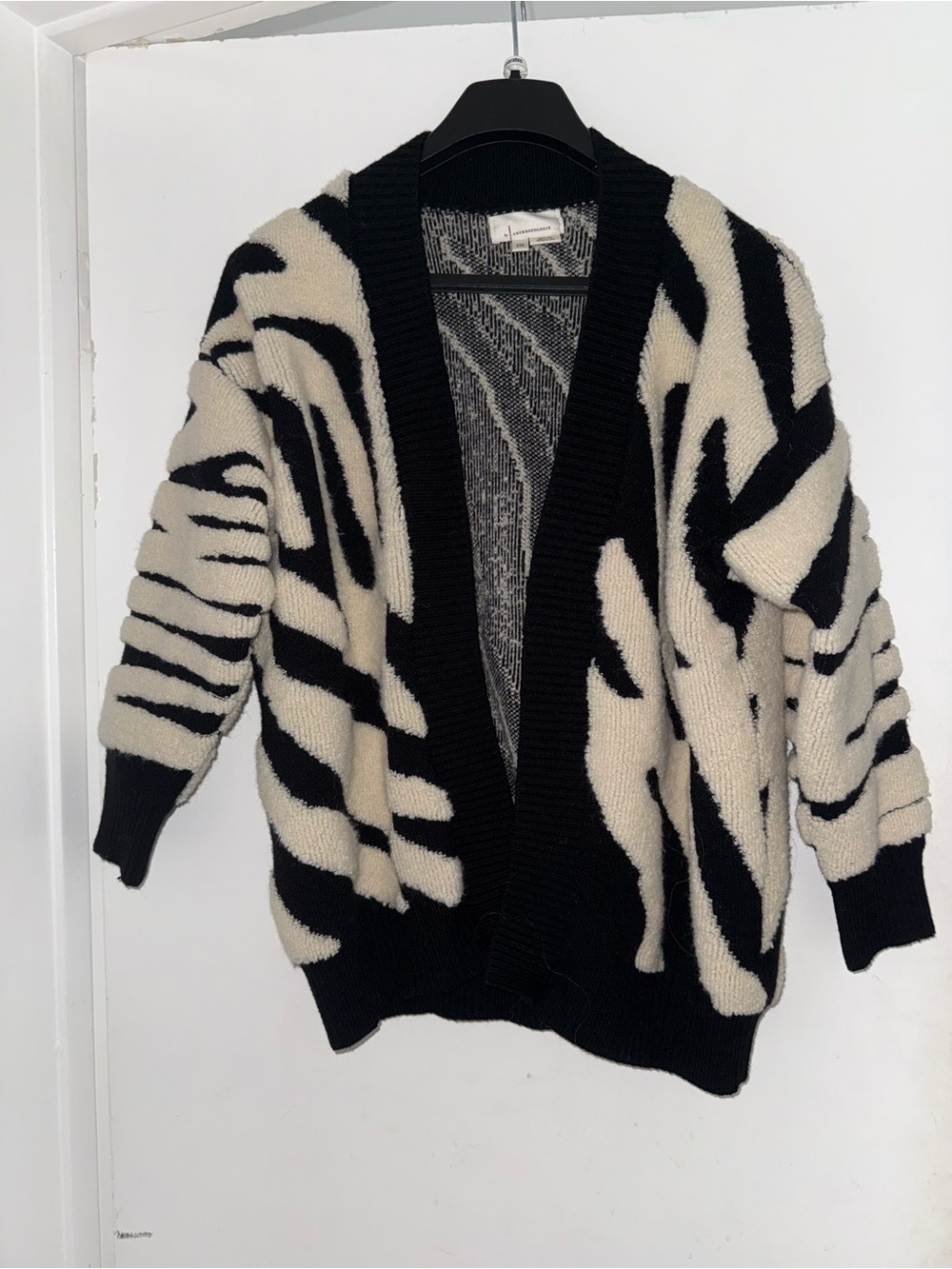 Anthropologie— Black & Cream Abstract Zebra Open-Front Women's Sweater Cardigan